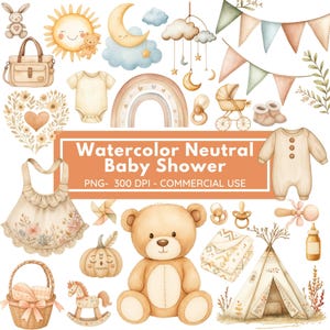 Watercolor Neutral Baby Shower Clipart Bundle, Boho Beige Gender Clipart, Watercolor Baby Newborn Nursery PNG, Commercial Use PNG