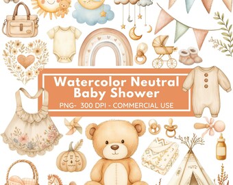 Watercolor Neutral Baby Shower Clipart Bundle, Boho Beige Gender Clipart, Watercolor Baby Newborn Nursery PNG, Commercial Use PNG