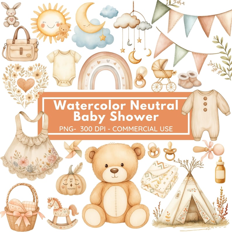 Watercolor Neutral Baby Shower Clipart Bundle, Boho Beige Gender ...