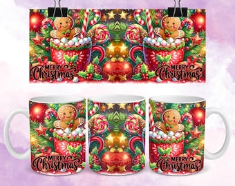 Gingerbread Christmas Mug Wrap, 11oz and 15oz Coffee Mug Wrap, Christmas Man and Donuts Mug Wrap Sublimation Design PNG, Digital Download