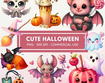 かわいいハロウィンクリップアート - 水彩画 - ガーリーハロウィンPNG - 大釜 - キャンディー - ゴースト - カボチャ - 猫 - クモ - コウモリ - 弓 - 商用利用