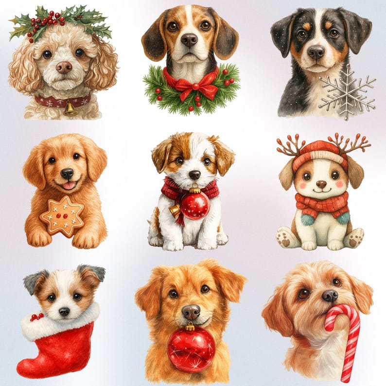 Christmas Dog Clipart, Cute Puppy With Lights PNG Bundle, Holiday Pet ...