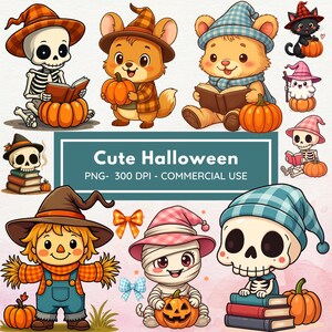 Pode incluir: Uma coleção de ilustrações fofas com tema de Halloween. A imagem apresenta vários personagens, incluindo um esqueleto, um rato, um urso, um gato preto, um fantasma, uma múmia e um espantalho, todos com abóboras e livros. O texto "Cute Halloween" também está presente.