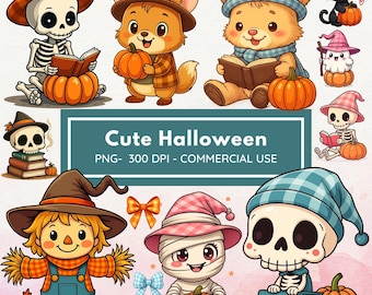 Cute Halloween Clipart - Girly Halloween Png - Cauldron - Pumpkin - Cat - Spider - Bat - Watercolor - Ghost - Candy - Bow - Commercial Use
