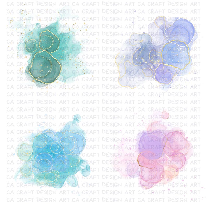 Puede incluir: Elementos de dise&ntilde;o de acuarela abstractos en tonos turquesa, azul, morado y rosa, con detalles dorados. El texto "CA CRAFT DESIGN ART" se repite en la imagen. Adecuado para proyectos de arte digital.