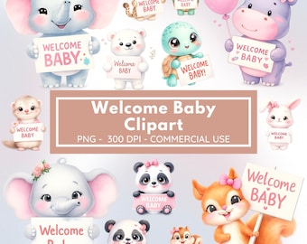 Clipart de bienvenida para bebé / Clipart de animales bebés lindos / Gráficos de baby shower / Decoración de guardería PNG / Uso comercial