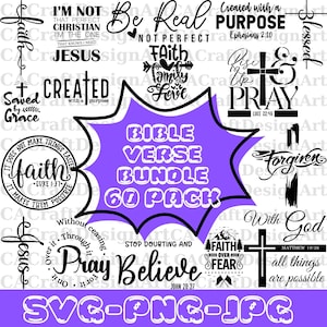 Puede incluir: Un diseño gráfico morado y blanco con el texto "Bible Verse Bundle 60 Pack" en un círculo blanco. El diseño incluye varios versículos y frases bíblicas, como "Be Real Not Perfect", "Faith Family Love", "Created with a Purpose", "Rise Up & Pray", "Faith Over Fear", "Stop Doubting and Believe", "With God All Things Are Possible", "Saved by Grace", "It Does Not Make Things Easy It Makes Them Possible", y "Forgiven".