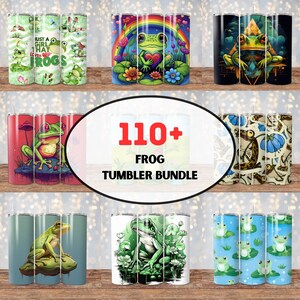 May include: A set of 110+ different frog-themed tumblers. The tumblers feature various designs, including frogs with hearts, frogs on lily pads, and frogs with flowers. The tumblers are all stainless steel and have a double-walled design to keep drinks cold or hot.