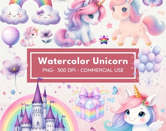 Watercolor - Cute Unicorn Png - Unicorn Clipart Bundle - Unicorn Clipart - Little Pastel Unicorns - Nursery Art - Commercial License