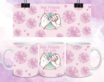 Best Friend Mug Wrap, 11oz 15oz Sublimation Design, Download PNG, Custom Gift Pinky Promise Sister BFF Bestie Holding Hands Lineart