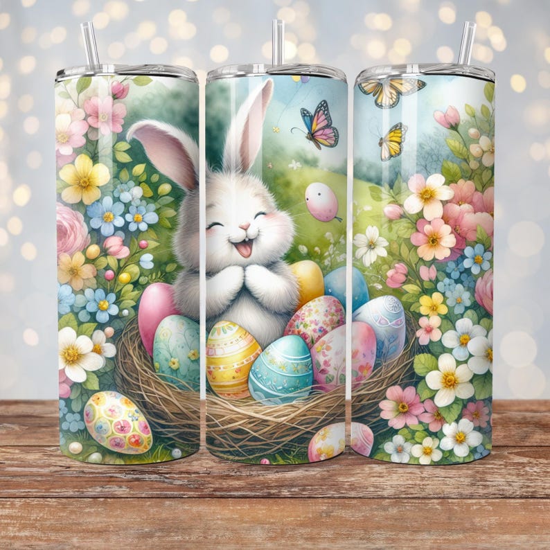 May include: A white bunny with pink ears sits in a nest of twigs with colorful Easter eggs. The bunny is smiling and has its paws clasped together. The background is a green field with pink and blue flowers.