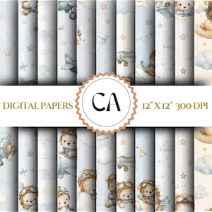 Può includere: Una collezione di carte digitali con illustrazioni ad acquerello di orsacchiotti in tenuta da aviatore, aerei, nuvole e stelle nei toni del blu e del beige. Il testo recita DIGITAL PAPERS 12" X 12" 300 DPI CA. I motivi sono disposti in strisce.