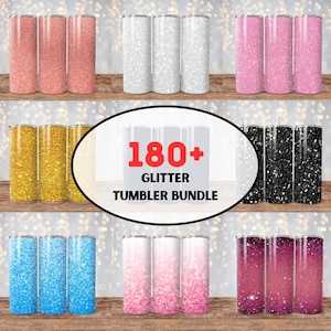 May include: A set of 180+ glitter tumbler designs. The tumblers are in various colors, including pink, gold, black, white, blue, and red. The tumblers are arranged in rows of three, with a white background and a wooden surface.