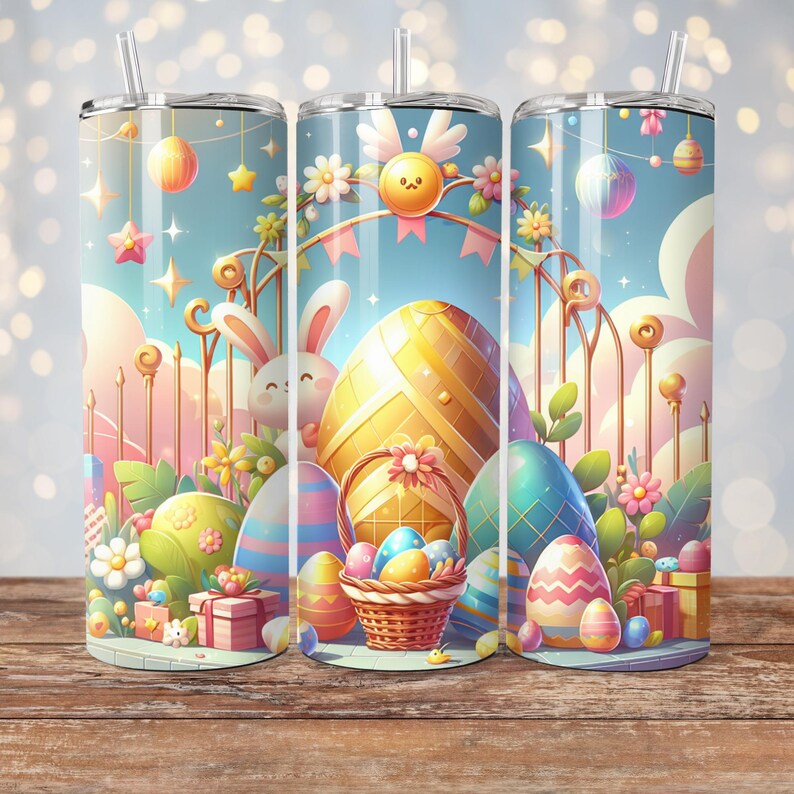 May include: A colorful Easter-themed tumbler with a bunny, eggs, and flowers. The tumbler is decorated with a blue background and a gold archway. The tumbler is perfect for spring.