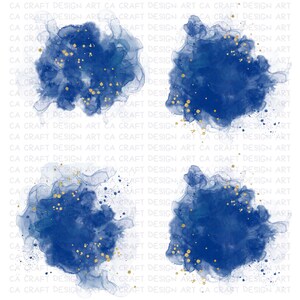 Puede incluir: Cuatro dise&ntilde;os abstractos de acuarela en tonos azules con motas doradas. Los dise&ntilde;os tienen forma de nube, con el texto "CA CRAFT DESIGN ART" repetido en los bordes.