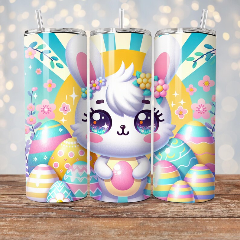 May include: A white bunny with pink ears and a pink nose holds a pink and yellow Easter egg. The bunny is surrounded by colorful Easter eggs with blue, yellow, and pink stripes. The background is a light blue and yellow gradient with pink flowers.