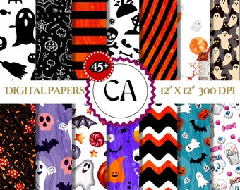 Może przedstawiać: Zestaw 12 cyfrowych papierów z motywami Halloween. Papiery zawierają wzory duchów, nietoperzy, dyni, słodyczy, czaszek i pasków w kolorze pomarańczowym, czarnym, fioletowym i białym. Papiery mają rozmiar 30,5 cm x 30,5 cm i rozdzielczość 300 DPI.