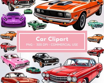 Car Clipart Bundle PNG | Vintage & Muscle Cars Illustration Set | Classic Sports Cars PNG | 300 DPI Commercial Use