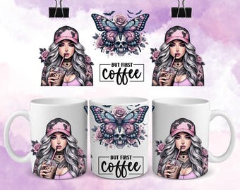 Coffee Mug Wrap, Coffee Lover Mug Press Design, Cute Mug Wrap Sublimation Design PNG, 11oz and 15oz Coffee Cup Template Digital Download