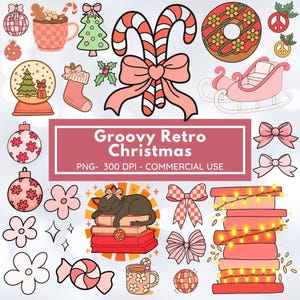 May include: A collection of retro Christmas-themed illustrations in shades of pink, red, and green. Includes candy canes, ornaments, a snow globe, a donut, a cat on books, and the text "Groovy Retro Christmas".
