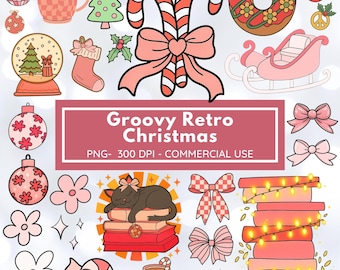 Groovy Retro Weihnachten PNG Bundle – Niedliches Weihnachtscliparts-Set im Stil der 70er Jahre – Pastell Vintage Urlaub Elemente Digitaler Download – Kommerzielle Nutzung