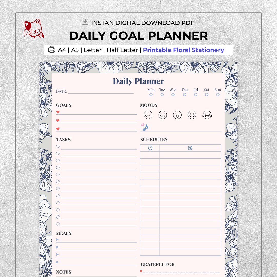 Vintage Floral Daily Planner Printable 4 Sizes A4, Letter, A5, Half ...