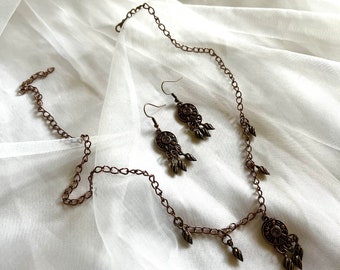 Antique-Inspired, Copper-Toned, Bohemian Style Brass Handcrafted Necklace and Earring Set