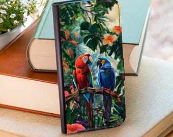 Étui portefeuille pour téléphone portable avec motif perroquet de la jungle d'été, compatible avec iPhone 18 Pro Max, 17, 16 Plus, 15, Samsung Galaxy S26 FE, S25 Ultra, S24, S23 Plus, S22, S21, A56, A36 et A17.