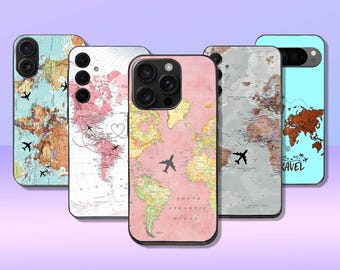 World Map Travel Phone Case for iPhone 17 Pro Max 16e 15 14 13 Samsung Galaxy S26 Plus S25 Ultra S24 FE A56 A36 A15 Pixel 10a 10 XL 9a 8 7 6