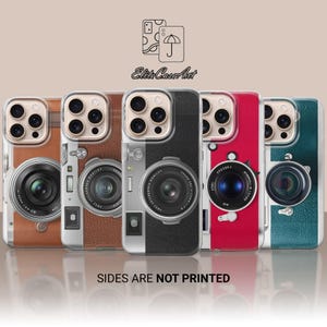 Puede incluir: Una colección de fundas para teléfonos diseñadas para parecerse a cámaras antiguas. Las fundas presentan un diseño de lente de cámara y están disponibles en varios colores, como marrón, plateado, negro, rojo y verde azulado. El texto "Elite Case Art" es visible.