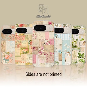 Könnte beinhalten: Fünf verschiedene Handyhüllen mit Patchwork-Design mit floralen Mustern, Vintage-Papieren und handschriftlichen Notizen. Die Hüllen sind alle weiß und haben eine transparente Rückseite.