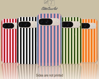 May include: Five different phone cases with striped patterns. The cases are red and white, black and white, blue and pink, green and white, and orange and white.
