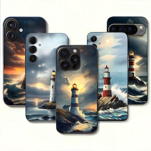 May include: Five phone cases with a lighthouse design. Each case features a different view of a lighthouse, with a dramatic sky and ocean waves. The lighthouses are painted in various colors, including red and white.