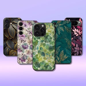 May include: Five different phone cases with floral and leaf patterns. The cases are all black and feature different designs, including green leaves, purple flowers, and gold accents.