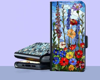 Wild Flower Mosaic Wallet Phone Case for iPhone 17 Pro Max 16e 15 Plus 14 Samsung Galaxy S26 S25 Ultra S24 S23 Plus S22 S21 A56 A36 A17 A16