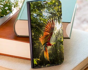 Capa carteira Jungle Parrot para iPhone 17 Pro Max 16e 15 Plus 14 12 Samsung Galaxy S26 Plus S25 Ultra S24 S23 S22 S21 A56 A36 A17 A16