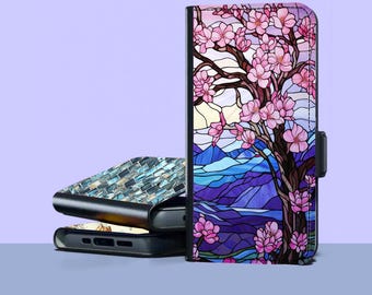 Sakura Blow Mosaic Wallet Phone Case for iPhone 17 Pro Max 16e 15 Plus 14 Samsung Galaxy S26 S25 Ultra S24 FE S23 Plus S22 S21 A56 A36 A17
