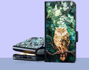 Capa carteira para celular com estampa de coruja em mosaico para iPhone 17 Pro Max, 16e, 15 Plus, 14, Samsung Galaxy S26, S25 Ultra, S24 FE, S23 Plus, S22, S21, A56, A36, A17 e A16.
