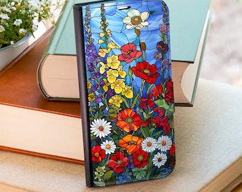 Wild Flowers Mosaic Wallet Phone Case for iPhone 17 Pro Max 16e 15 Plus 14 Samsung Galaxy S26 S25 Ultra S24 FE S23 Plus S22 S21 A56 A36 A17