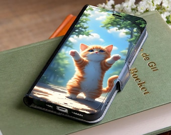 Capa carteira para celular com estampa de gato querido na floresta para iPhone 17 Pro Max, 16e, 15 Plus, 14, Samsung Galaxy S26, S25 Ultra, S24, S23 Plus, S22, S21, A56, A36, A17 e A16.