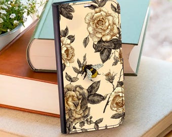 Capa carteira retrô de abelha para iPhone 17 Pro Max 16e 15 Plus 14 Samsung Galaxy S26 S25 Ultra S24 FE S23 Plus S22 S21 A56 A36 A17 A16