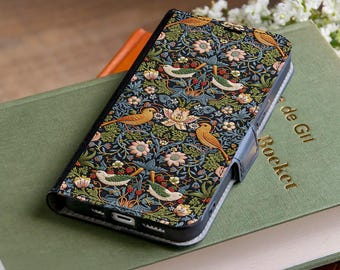William Morris Borduurwerk Effect Portemonnee Telefoonhoesje voor iPhone 17 Pro Max 16e 15 Plus Samsung S26 S25 Ultra S24 S23 Plus S22 S21 A56 A36 A17