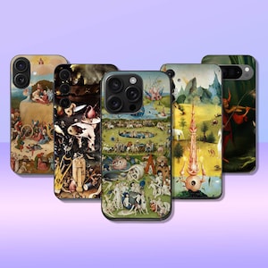 May include: Five different iPhone cases with colorful, detailed artwork. The cases feature a variety of scenes, including a landscape with a tower, a scene with a fish and a skull, a scene with a garden, a scene with a forest, and a scene with a man playing a musical instrument.