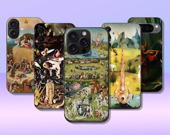 May include: Five different iPhone cases with colorful, detailed artwork. The cases feature a variety of scenes, including a landscape with a tower, a scene with a fish and a skull, a scene with a garden, a scene with a forest, and a scene with a man playing a musical instrument.