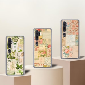 Peut inclure: Trois coques de smartphone avec des motifs en collage. La coque de gauche présente des illustrations botaniques vertes et des écritures. Les coques centrale et droite arborent des motifs floraux, des textures de papier ancien et des notes manuscrites.