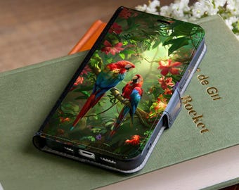 Capa carteira Jungle Parrot para iPhone 17 Pro Max 16e 15 Plus 14 12 Samsung Galaxy S26 Plus S25 Ultra S24 S23 S22 S21 A56 A36 A17 A16