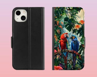 Capa carteira para celular com estampa de papagaio da selva de verão para iPhone 17 Pro Max 16e 15 Plus 14 12 Samsung Galaxy S26 S25 Ultra S24 S23 S22 S21 A56 A36 A17 A16