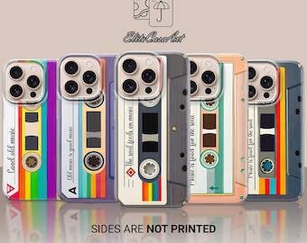 May include: Set of six phone cases featuring a retro cassette tape design with different colorful stripes and text that reads "Good old music", "Old music is good music", "The soul feeds on music", "Music is good for the soul", "Music is good for the soul", and "Music is good for the soul".