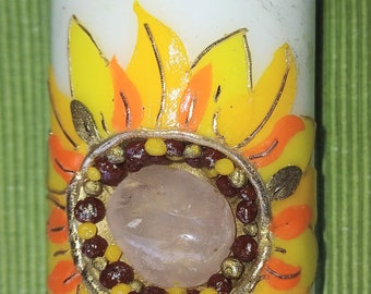 Candle sunflower decorated with rose quartz