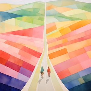 May include: Watercolor painting of two cyclists riding on a white road through a colorful landscape. The landscape is divided into geometric shapes of various colors, including red, orange, yellow, green, and blue. The sky is a light blue with soft pink and purple mountains in the background.